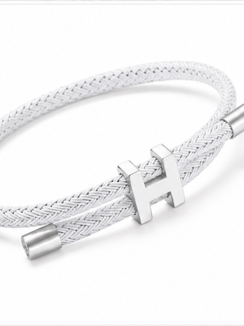 White Braided H Bracelet Silver Tone Minimal Luxe Cuff